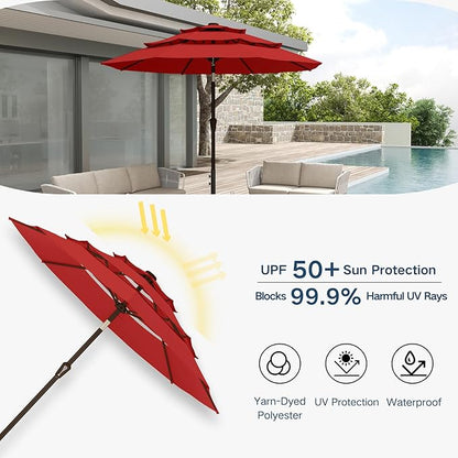 10FT Patio Umbrella 3 Tiers Outdoor Market Umbrella w/Push Button Tilt, Crank, UV and Waterproof Table Umbrella for Garden, Pool, Backyard, Deck, Lawn, Red