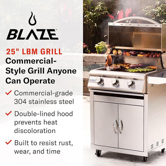 Blaze Prelude LBM Built-In Natural Gas Grill | 25-Inch 3-Burner BBQ with 42,000 BTUs | 304 Stainless Steel Construction | Flame Stabilizing Grids | BLZ-3LBM-NG
