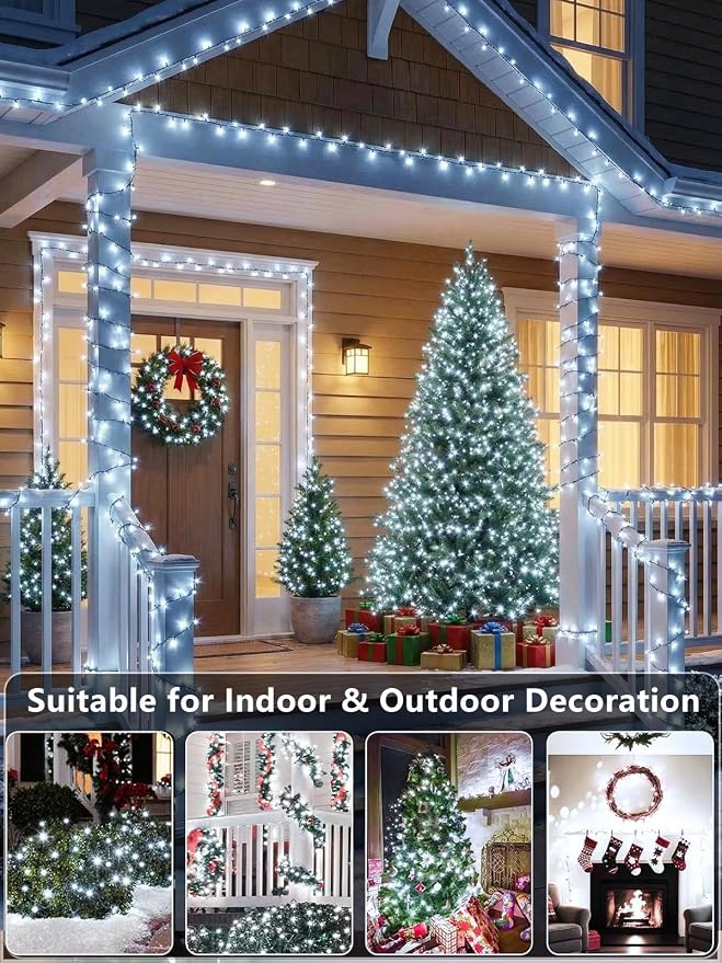 Extendable 108FT 300 LED Christmas String Lights Indoor Outdoor Cool White | Green Wire Ultra-bright,8 Modes, Timer and Memory Function, UL Certified Xmas fairy Lights for Tree Garden Railing Terrace