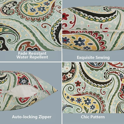 LVTXIII 2 Pack Outdoor Pillow Covers ONLY 18x18 Inch, Water-Repellent Square Decorative Cushion Covers for Patio Furniture, Garden, Sofa, Paisley Light Cyan