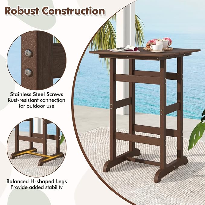 GIANTEX 42" Height Outdoor Tall Bar Table, HDPE Square Pub Tables with Wood Grains, High Top, Cocktail Bistro Table for Adirondack Chairs, Patio, Garden, Poolside, Yard, Balcony, Brown