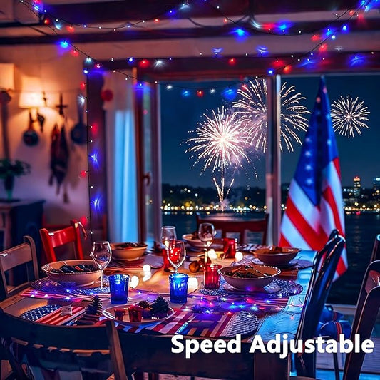 Joomer Red Blue White String Lights Outdoor, 66FT 200LED RGB Lights with Remote Timer Memory, Waterproof Indoor Outdoor 4th of July Independence Day Memorial Day Patriotic Yard Garden Decor