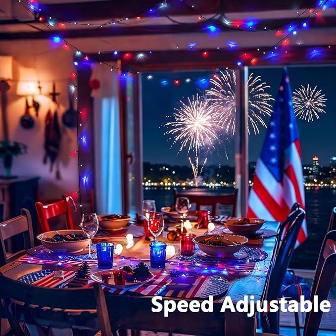 Joomer Red Blue White String Lights Outdoor, 164FT 500LED RGB Lights with Remote Timer Memory, Waterproof Indoor Outdoor 4th of July Independence Day Memorial Day Patriotic Yard Garden Decor