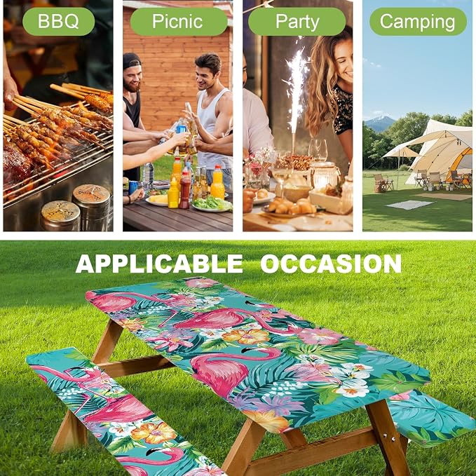 FOREVER QUEEN Tropical Flamingo Floral Picnic Table Cover with Bench Covers 3Pcs Set,72x30 Inch Fitted Rectangle Camping Tablecloth,Waterproof Windproof Outdoor Table Cover for Patio Backyard Camping