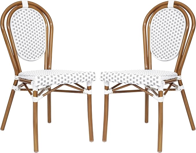 Flash Furniture Lourdes Indoor/Outdoor Commercial Thonet Bistro Stack Chair - White/Gray PE Rattan Back and Seat - Natural Bamboo Print Metal Frame - Set of 2