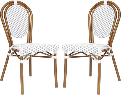 Flash Furniture Lourdes Indoor/Outdoor Commercial Thonet Bistro Stack Chair - White/Gray PE Rattan Back and Seat - Natural Bamboo Print Metal Frame - Set of 2