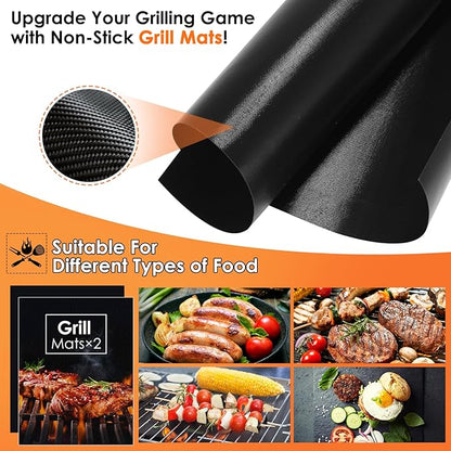 Yoehka BBQ Grilling Accessories Set, 34Pcs Heavy Duty Grill Tools for Outdoor Camping, Grilling Gifts for Men Dad, Stainless Steel Barbecue Utensils Kit with Mats and Glove in Carrying Bag, Brown