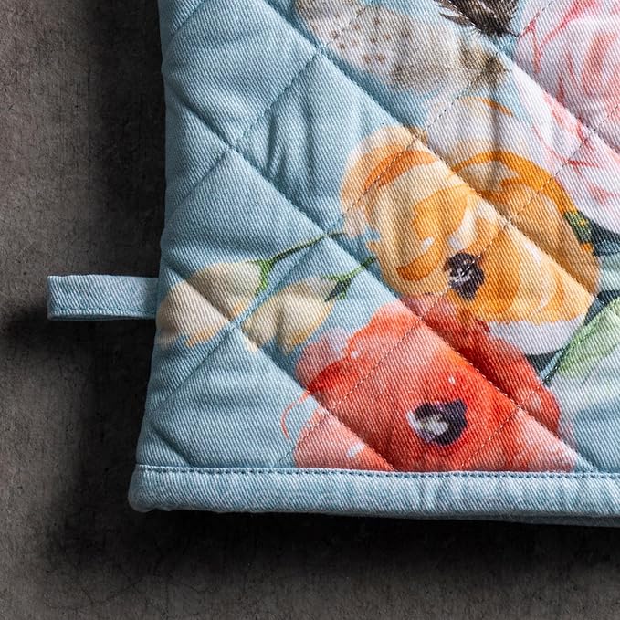 Maison d' Hermine 100% Cotton Oven Mitt & Pot Holder Set (7.5"x13" & 8"x8") Heat Resistant BBQ Cooking Gloves with Loop Baking Grilling Kitchen Hotel Home Farmhouse Spring Summer (Ibiza - Blue)