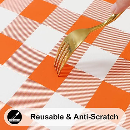 Smiry Rectangle Picnic Table Cloth, Elastic Waterproof Fitted Vinyl Tablecloths, Flannel Backed Buffalo Plaid Table Covers for Dining, Camping, Outdoor, Thanksgiving (White and Orange, 30" x 96")