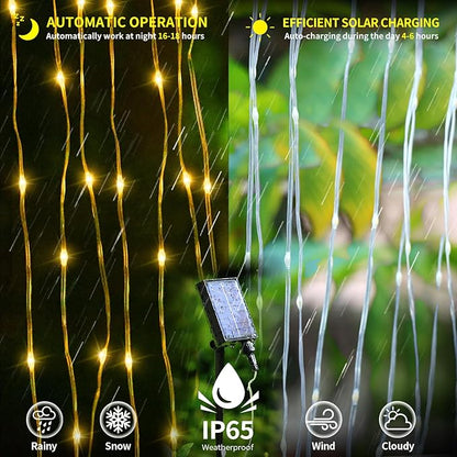 Solar Curtain Lights Outdoor Waterproof 10 * 10Ft 300LED Waterfall Light with 8 Modes Remote Rechargeable Dimmable Hanging Twinkle Fairy String Lights for Outside Christmas Gazebo Party Wedding