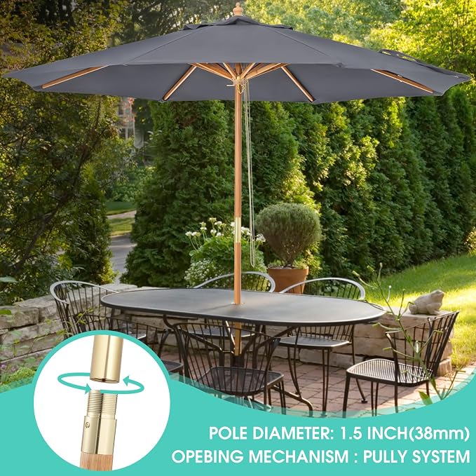 9ft Wooden Umbrella, Outdoor Patio Umbrella, Wood Market Umbrella, Patio Umbrella Wood Pole with Pulley Lift for Garden, Yard, Deck, Pool, Market