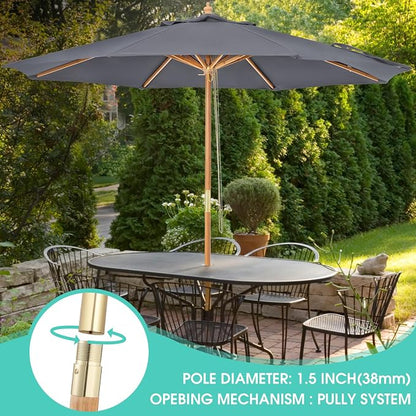9ft Wooden Umbrella, Outdoor Patio Umbrella, Wood Market Umbrella, Patio Umbrella Wood Pole with Pulley Lift for Garden, Yard, Deck, Pool, Market