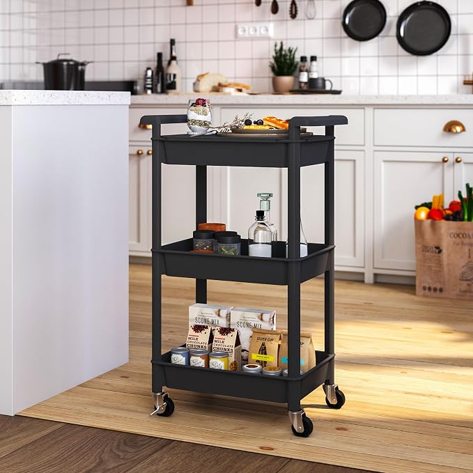 Steehoom 3-Tier Utility Rolling Cart with Cover Top Board, Mobile Utility Cart with Lockable Casters Multi-Functional Storage Trolley for Office, Bathroom, Kitchen, Garden, Laundry Room (Black)