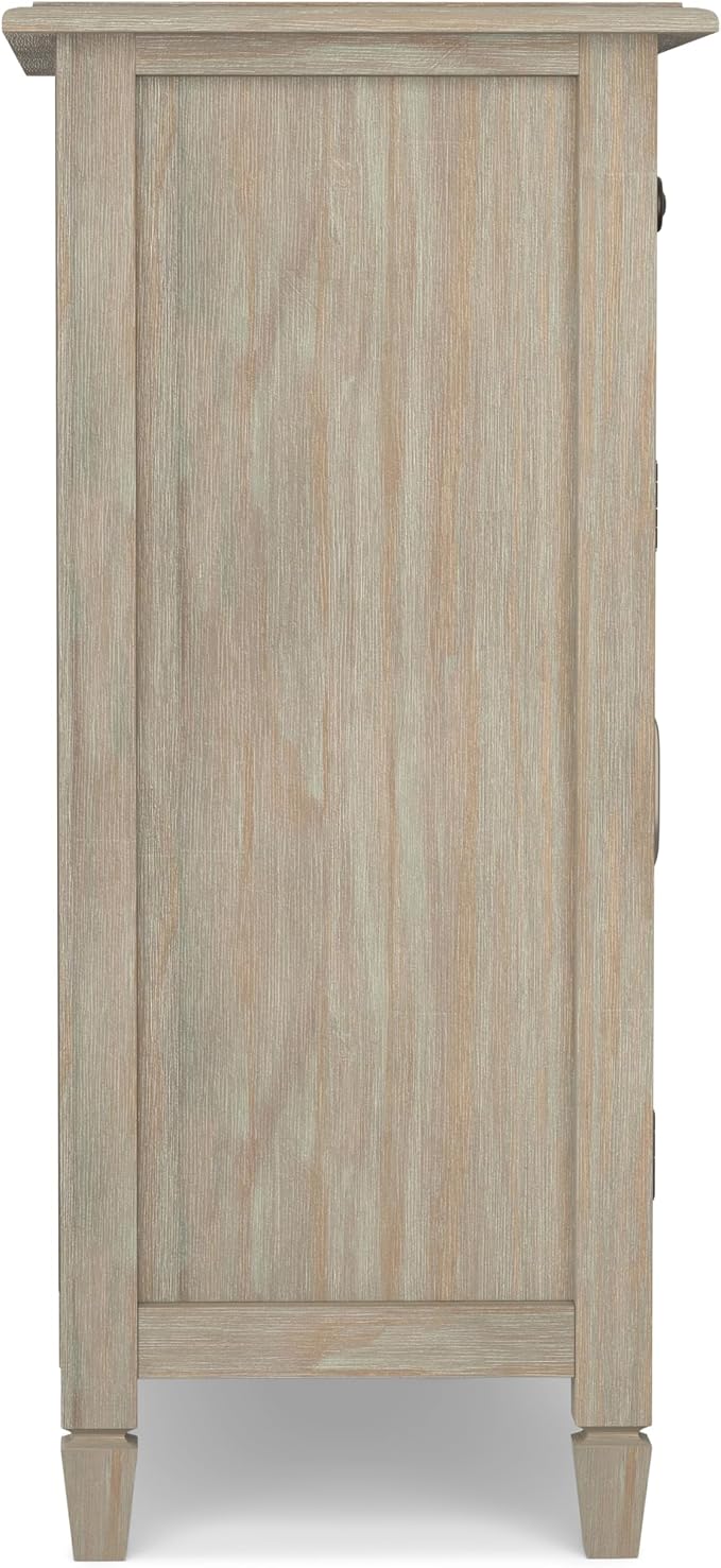 SIMPLIHOME Connaught 40" Wide Solid Wood Cabinet in Distressed Grey | Traditional slim entryway and living room organizer for hats, gloves, shoes and keys with space-saving storage design.