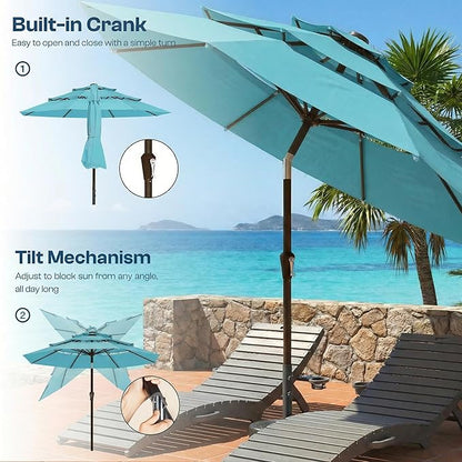 10ft Patio Umbrella, 3 Tier Outdoor Market Table Umbrellas with 8 Fiberglass Ribs and Push Button Tilt, Windproof, Vented Canopy, UV Protection for Deck, Pool, Backyard