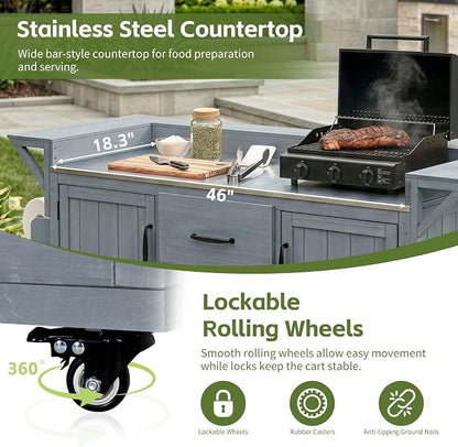 60.2''W Outdoor Kitchen Island with Wheels, Solid Fir Wood Kitchen Cart Grill Cart with Stainless Steel Top, Spice Rack, Wine Rack, 2 Bottom Cabinets with Adjustable Shelves, 2 Drawers (Gray-117)