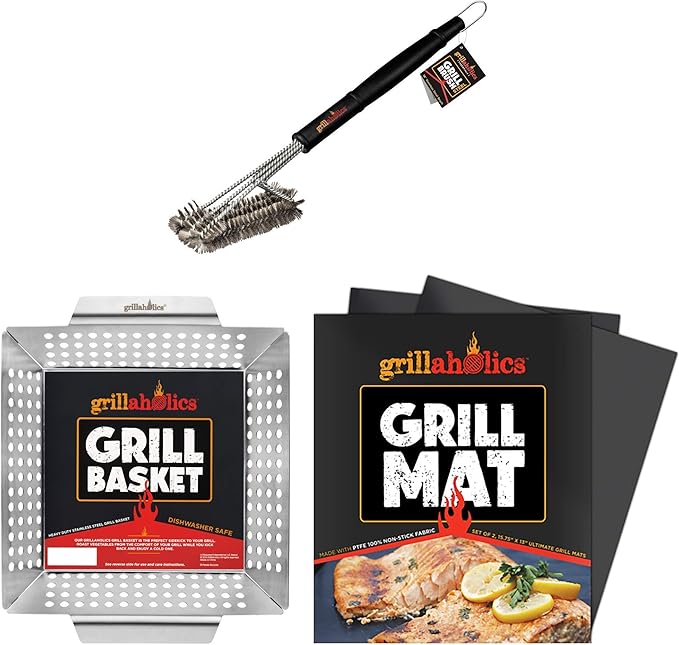 Grillaholics Essentials Stainless Steel Grill Brush + Vegetable Grilling Basket + Nonstick Grill Mat Bundle