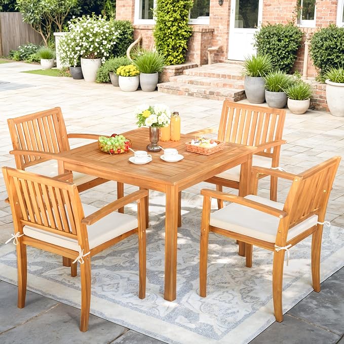 Greesum 5 Piece Patio Dining Set Outdoor Solid Wood Furniture w/Square Tabletop & 4 Chairs for Yard, Garden, Porch, White