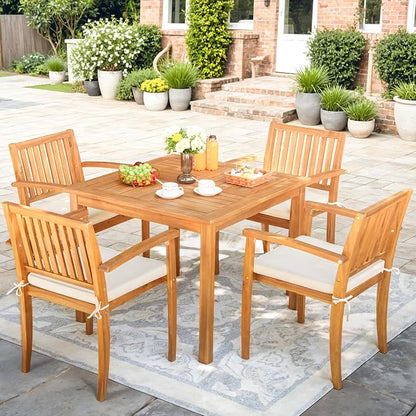Greesum 5 Piece Patio Dining Set Outdoor Solid Wood Furniture w/Square Tabletop & 4 Chairs for Yard, Garden, Porch, White