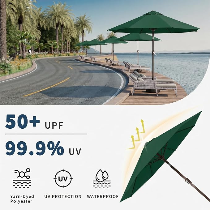 10FT Patio Umbrella Outdoor Market Umbrella with Crank and Tilt, 8 Flexible Fiberglass Ribs, UV-Resistant Waterproof Canopy for Patio, Deck, Garden, Backyard, Forest Green