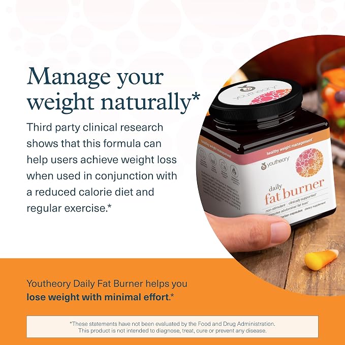 Youtheory Daily Fat Burner - 60 Capsules (60 Day Supply) - Non-Stimulant Body Composition & Metabolic Support* - With Sinetrol Citrus Fruit Blend, Chromium & Cayenne Extract - Gluten, Soy & Dairy Free