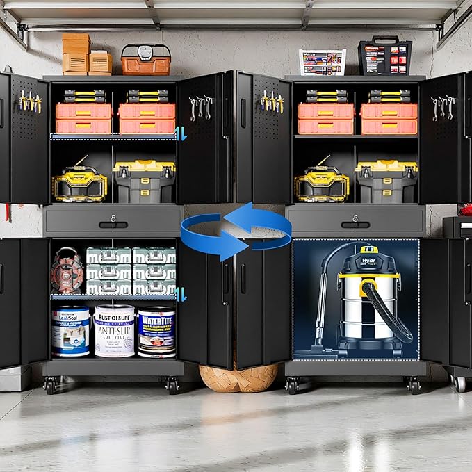 Metal Garage Storage Cabinet with Drawer and Pegboard Doors, 71'' Tall Storage Cabinet with Adjustable Shelves and Lock, Rolling Tool Cabinet on Wheels for Garage, Utility Room (Black)
