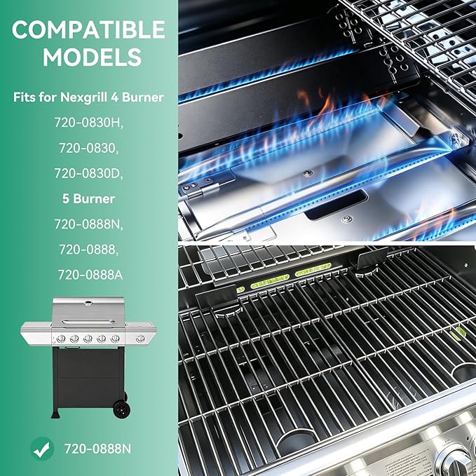 720-0888 Grill Replacement Parts Kit for Nexgrill 5 Burner 720-0888N, 720-0888A, 4 Burner 720-0830H, 720-0830D, Cast Iron Cooking Grate, Grill Burner Tube, Heat Plate and Igniter for Nexgrill Parts