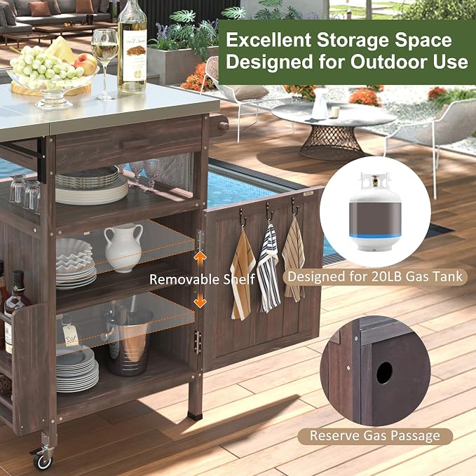 Outdoor Grill Cart with Stainless Steel Top, 40.5”Solid Wood BBQ Prep Table for Pizza Oven, Mobile Outdoor Kitchen Island with Drop Leaf, Storage Cabinet, Towel Rack & Spice Holder for Patio