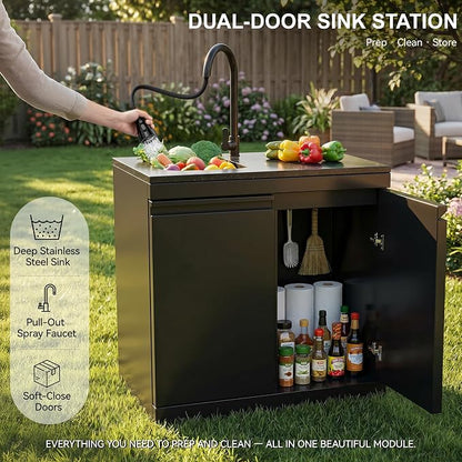 SERA C 4-Burner Natural Gas Outdoor Kitchen with Dual Sink Black | Black 304 stainless steel, 75,300 BTU + side burner, dual-door sink with pull-out faucet, locking casters, patio backyard