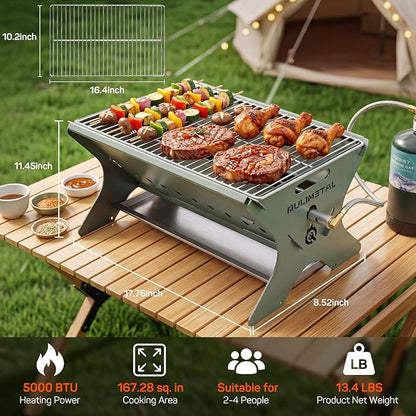 QuliMetal Portable Camping Grill, Foldable 3-in-1 Charcoal Wood Gas Grill with Carry Bag, Heavy-Duty Stainless Steel BBQ Fire Pit for Outdoor Cooking Backpacking Tailgating Patio Backyard