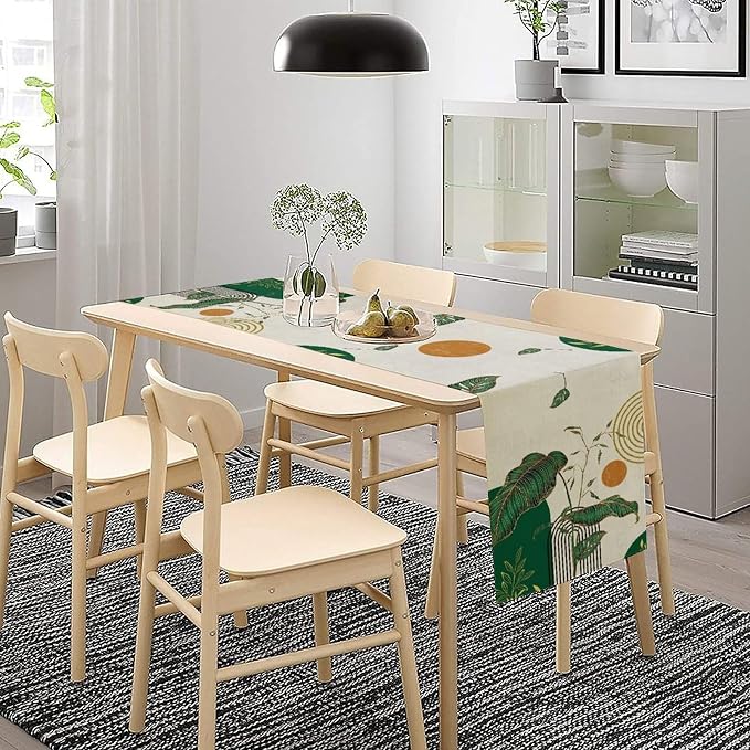 Green Abstract Mid Centruy Table Runner Retro Boho Tropical Leaves Palms Tree Sun Geometric Arch Minimalisted Seasonal Dinner Runner for Farmhouse Kitchen Dining Home Holiday Party 13x36in