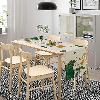 Green Abstract Mid Centruy Table Runner Retro Boho Tropical Leaves Palms Tree Sun Geometric Arch Minimalisted Seasonal Dinner Runner for Farmhouse Kitchen Dining Home Holiday Party 13x36in