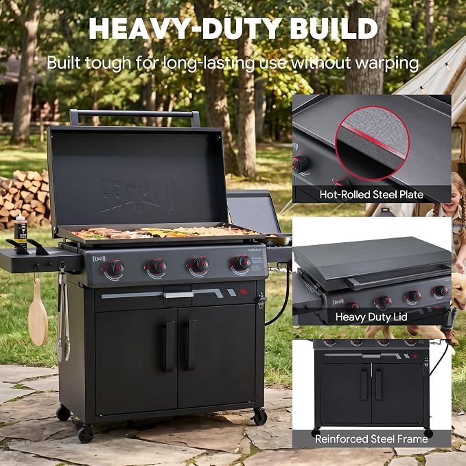 FEASTO 36" 4-Burner Propane Gas Griddle with Side Burner and Cabinet | 50,000 BTU, 720 Sq. In., Outdoor Flat Top Grill with Disposable Foil Liners for Patio, Backyard, BBQ Party, Black