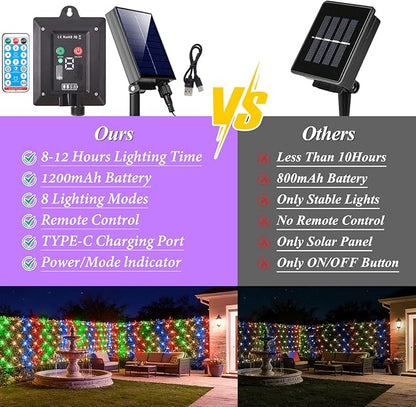 21ft x 5ft Solar Net Lights, 360LED Christmas Net Lights Solar & USB Powered, Waterproof Mesh String Lights 8 Modes Green Wire for Bushes Patio Garden Xmas Holiday Party Outdoor Decor (Multicolor)