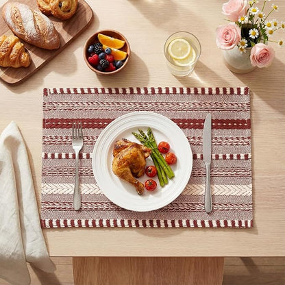 Artoid Mode Red Farmhouse Woven Braided Stripe Placemats Set of 6,12x18 Inch Seasonal Holiday Table Mats Party Kitchen Dining Decoration