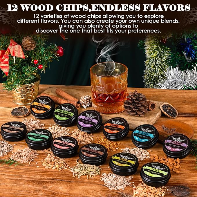 Natural Wood Chips for Cocktail Smoker, 12 Flavors Wood Chips Including Apple,Cherry,Oak,Mesquite,Pecan,Pear,Peach,Hickory,Beech,Organge, Rosemary,Cinnamon, Gifts for Men,Dad,Husband