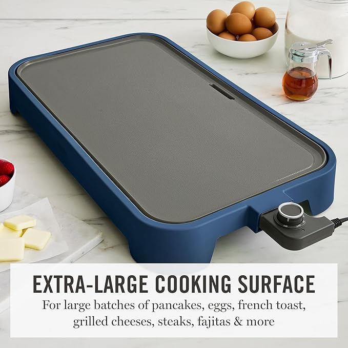 Martha Stewart 12” x 22” Electric Griddle, XL Ceramic Nonstick Flat Top Cooking Surface, Adjustable Temperature Dial, Drip Tray, Dishwasher Safe, 1500W Fast Even Heating, Pancakes & Eggs, Indigo Blue