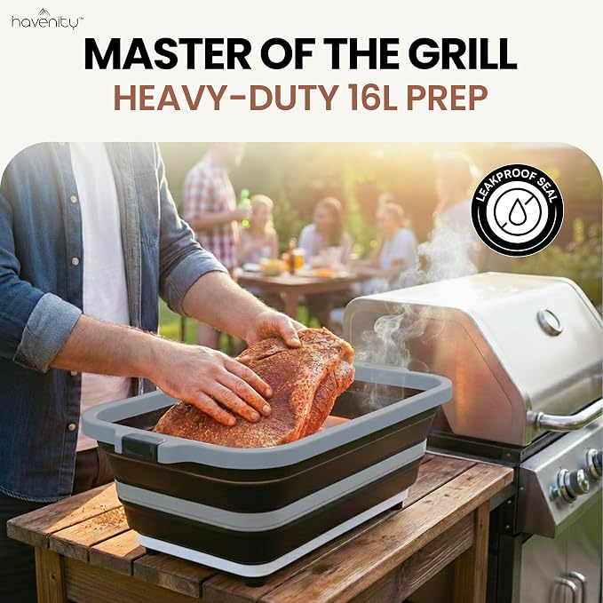 BBQ Prep Tub 2 Pack (16L+16L) - Multifunctional Collapsible Camping Cutting Board with Upgraded Locking lid, Meal Prep Meat Storage Container Perfect for Grilling, Outdoor Cooking (XL x 2)