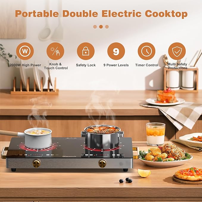 2 Burner Electric Cooktop 110V - 24 Inch(22.2"x 13.07") Countertop Electric Stove with Handles 2000W, Two Burner Ceramic Burner with Touch and Knob Control, Timer, Safety Lock, 120V Plug in