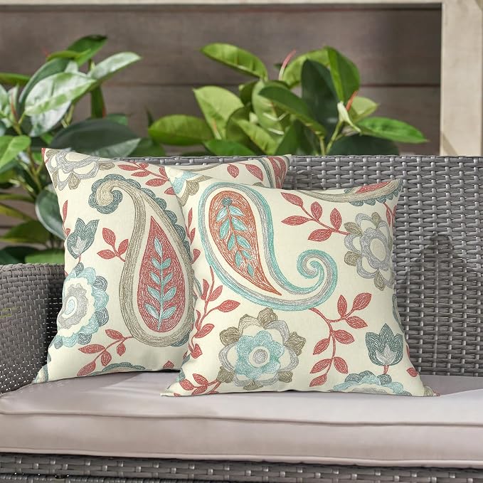 LVTXIII 2 Pack Outdoor Throw Pillow Covers for Patio Furniture, 16x16 Inch Square Pillow Case, Water-Repellent Cushion Covers for Garden, Porch, Sofa, Paisley Vintage