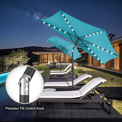 FLAME&SHADE 9 FT Solar Half Patio Umbrella with 25 LED Lights, Half Outdoor Umbrella with Button Tilt, Half Round Table Umbrella For Deck, Backyard, Balconies, Decks, Rvs, UV Protection (Aqua Blue)