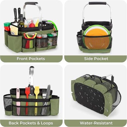 PGmoon Grill and Picnic Caddy, Foldable BBQ Tool Caddy with Rotated Handle, Multi-Pocket Grill Utensil Storage Bag for Outdoor Camping Picnic Patio Barbecue Accessories, Green