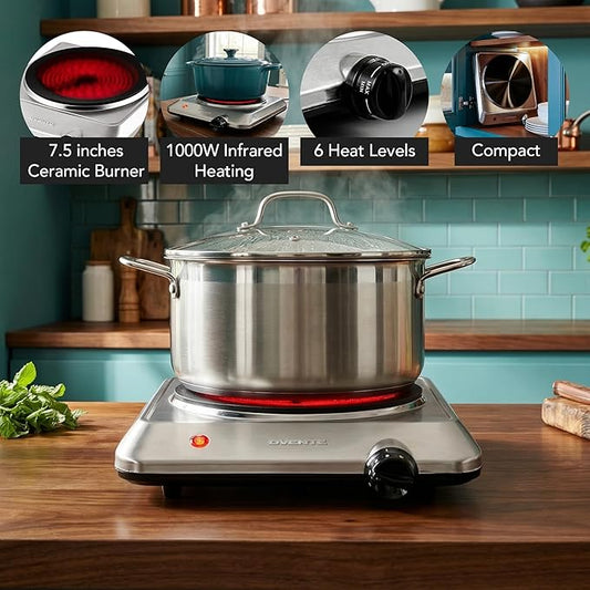 OVENTE Countertop Infrared Single Burner, 1000W Electric Hot Plate w/ 7.5” Ceramic Glass Cooktop, 6 Level Temperature Setting & Easy to Clean Base, Compact Stove for Home Dorm Office, Silver BGI201S
