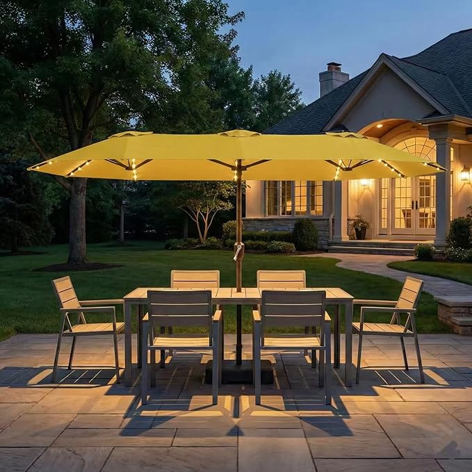 Kingdura 15ft Large Patio Umbrella with Solar Lights, Double-Sided Rectangle Lighted Outdoor Table Umbrella with Base Included, 12 Reinforced Ribs, 48 Led Lights, Crank Lift for Market Pool Deck Backyard, Yellow