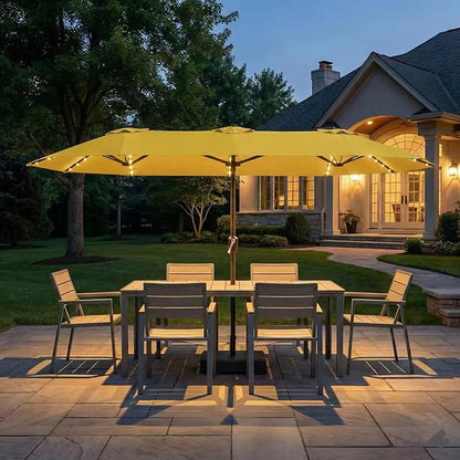 Kingdura 15ft Large Patio Umbrella with Solar Lights, Double-Sided Rectangle Lighted Outdoor Table Umbrella with Base Included, 12 Reinforced Ribs, 48 Led Lights, Crank Lift for Market Pool Deck Backyard, Yellow