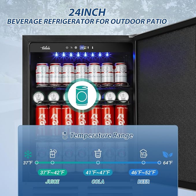 Velivi 24 Inch Beverage Refrigerator Outdoor, Under Counter Beverage Cooler for Patio, Built-in Drink Fridge 210 Cans, with Stainless Steel Door for Soda, Beer, Wine