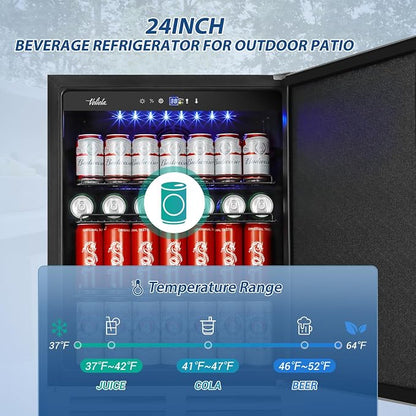 Velivi 24 Inch Beverage Refrigerator Outdoor, Under Counter Beverage Cooler for Patio, Built-in Drink Fridge 210 Cans, with Stainless Steel Door for Soda, Beer, Wine