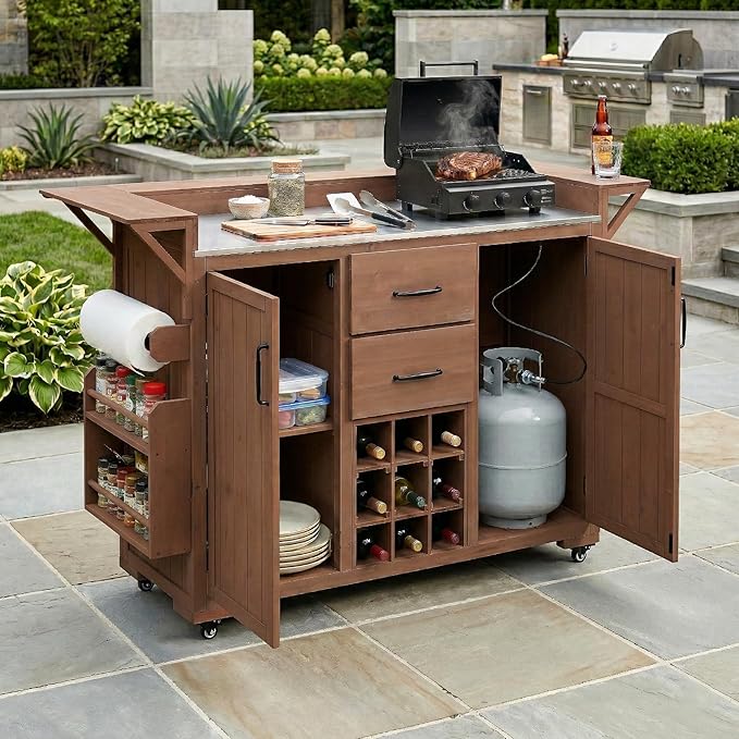 60.2-inch Mobile Outdoor Kitchen Island, Wooden BBQ Table with Stainless Steel countertop, Mobile BBQ Trolley with Storage Cabinet, 2 Storage compartments, Wine Rack and Spice Rack