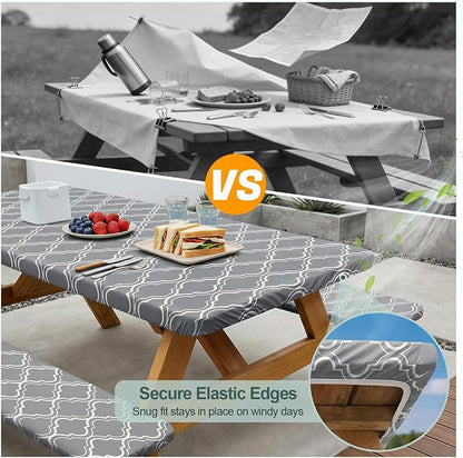 Picnic Table Cover with Bench Covers Camping Essentials Waterproof Windproof Camping Tablecloth with Drawstring Bag, Fitted Rectangle Tables and Seats, 96in, Grey