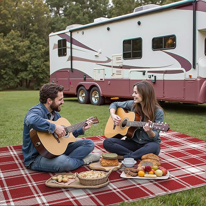 GENIMO Outdoor Rug, Waterproof Plastic Rugs for Patio, 9'x12' Red Plaid | Outside Larger Modern Carpet Mat for Porch Decor, Deck, Balcony, Camping, RV, Backyard, Picnic, Beach, Reversible, Foldable